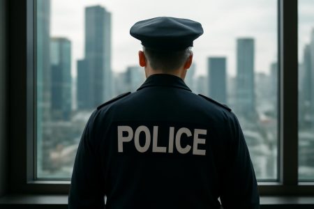 commissaire-uniforme-fenetre-ville-moderne