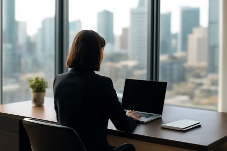 bureau-moderne-vue-ville-ordinateur