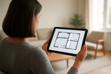 personne-tablette-plans-maison-moderne