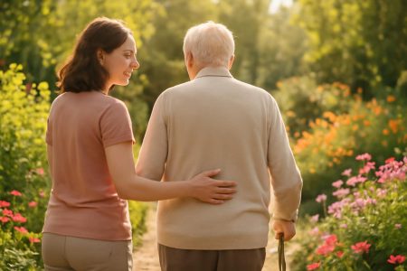 personne-aidant-senior-jardin-fleuri